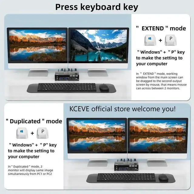 Alt view image 3 of 7 - Vszerda 2 Port HDMI + Displayport KVM Switch 2 Monitors 2 Computers, Dual Monitor USB 3.0 DP HDMI KVM Switcher with 4 USB 3.0 Ports Supports 8K@60Hz for 2 Computers Share Keyboard, Mouse and Monitor