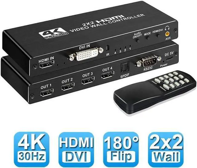 Main image of Vszerda 2x2 HDMI Video Wall Controller, 1080P@60Hz HDMI DVI TV Wall Processor, 4K HDMI Video Image Processor, HDMI & DVI Input with RS232, 180 Degree Rotate, Support 2x2 1x2 1x3 1x4 2X1 3x1 4x1