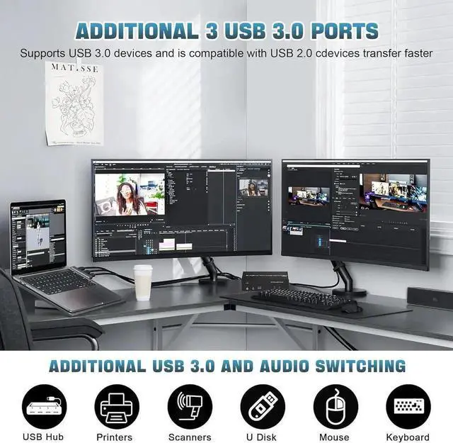 Alt view image 2 of 7 - Vszerda 1 HDMI + 2 Displayport 3 Monitor KVM Switch USB 3.0 for 2 Computers, 4K@60Hz Triple Monitor KVM Switch with Audio and 3 USB 3.0 Ports, 2 Computers Share 3 Monitors Keyboard Mouse Switcher