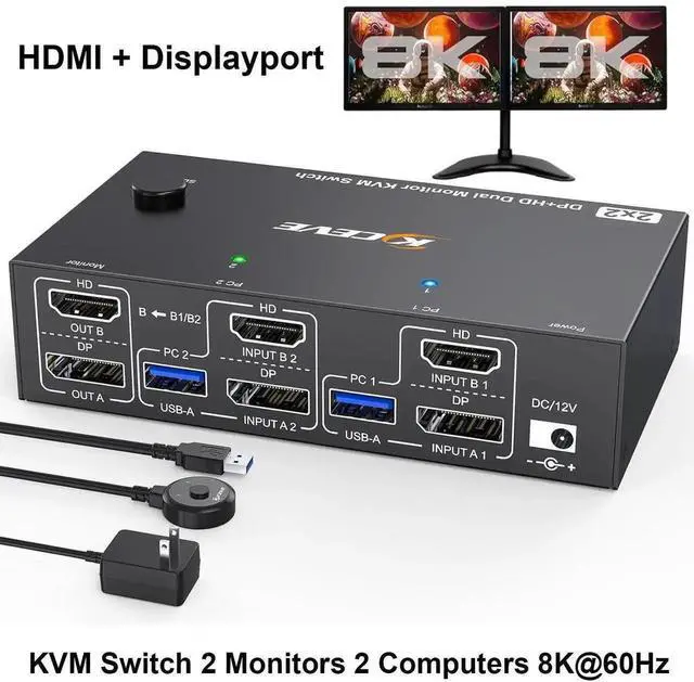 Main image of Vszerda 4K@144Hz KVM Switch 2 Monitors 2 Computers 8K@60Hz, HDMI and Displayport Dual Monitor KVM Switch with 4 USB 3.0 Port for Keyboard Mouse Printer, with Wired Remote, Power Adapter and USB Cables