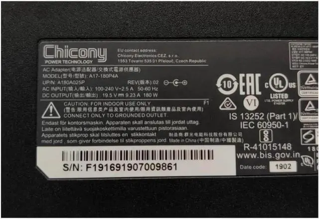Alt view image 2 of 2 - Vszerda Chicony 19.5V 9.23A 180W Charger A17-180P4A AC Power Adapter For CLEVO P950HR N850HP6 MSI GS63VR GE72VR GS65 A15-180P1A