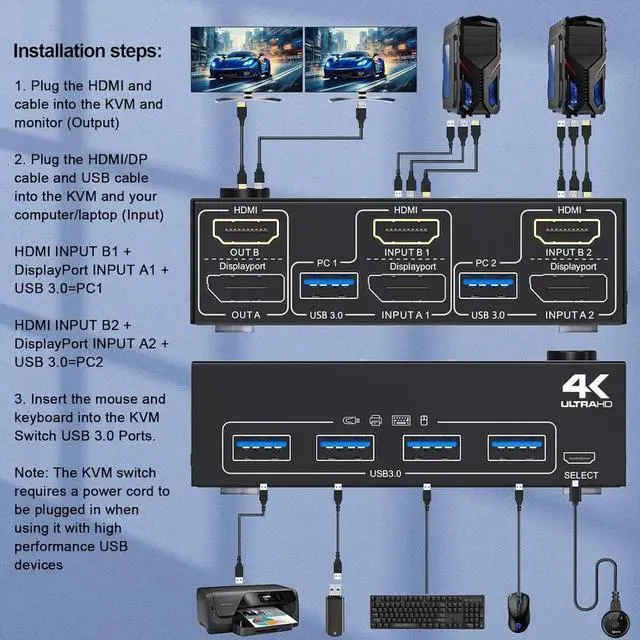 Alt view image 4 of 7 - Vszerda KVM Switch 2 PC 2 Monitors 4K @ 60Hz 2K @ 120Hz, Displayport + HDMI Dual Monitors KVM Switch for 2 PCs that share 2 Monitors and 4 USB 3.0 Devices with HDMI + DP + USB Cable and Wired Remote