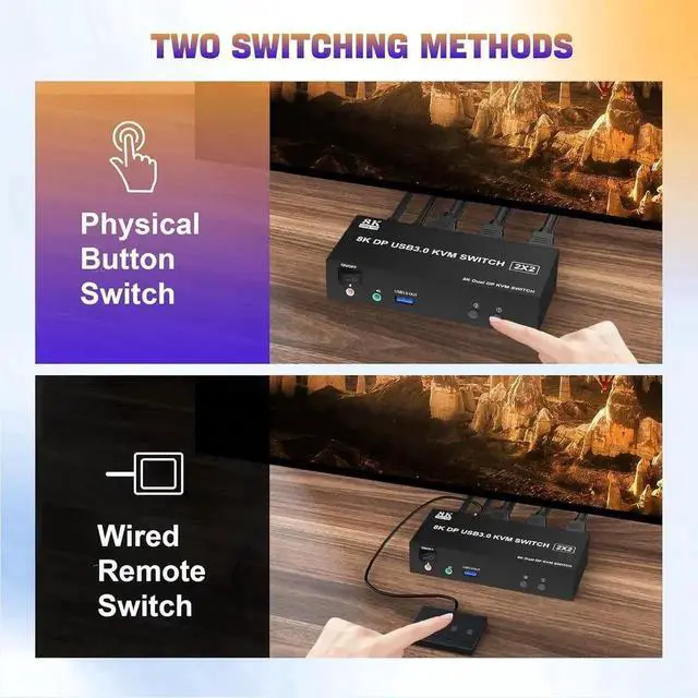 Alt view image 5 of 7 - Vszerda USB 3.0 Displayport KVM Switch 8K@60Hz 2 Monitors 2 Computers, Dual Monitor DP 1.4 KVM Switch with Audio and Microphone Output and 3 USB 3.0 Ports, Wired Remote and 2 USB Cables Included