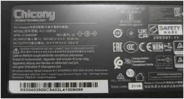 Alt view image 2 of 2 - Vszerda 20V 6A 120W 4.5x3.0mm Chicony A17-120P2A A12A055P THIN Power Supply AC Adapter For MSI CF63 MS-16R5 Laptop Charger
