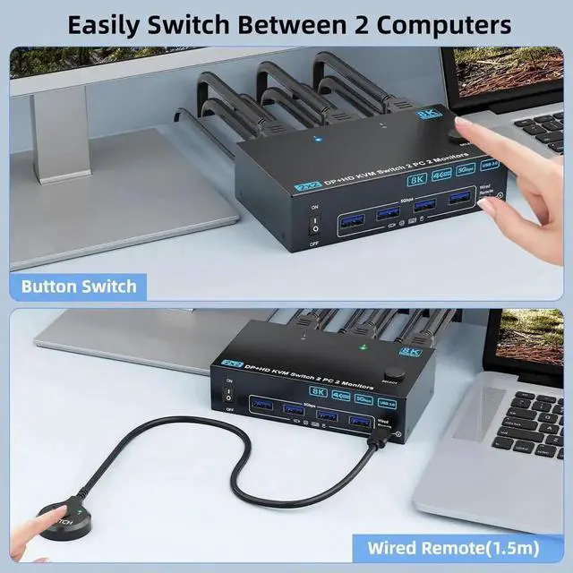 Alt view image 3 of 7 - 4K@144Hz KVM Switch 2 Monitors 2 Computers 8K@60Hz, HDMI and Displayport Dual Monitor KVM Switch with 4 USB 3.0 Port for Keyboard Mouse Printer,Wired Remote,Power Adapter and USB Cable Included