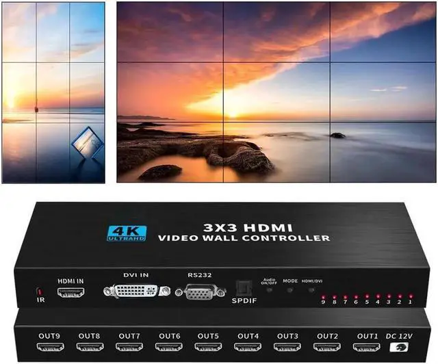 Main image of Vszerda 1 in 9 Out HDMI Video Wall Controller 3x3 4K HDMI Video Image Processor1 HDMI/DVI Input 9 HDMI Output, 13 Modes,1x1,1x2 1x3 1x4 2x1 2x2 2x3 2x4 3x1 3x2 3x3 4x1 4x2 Support 180º Rotation