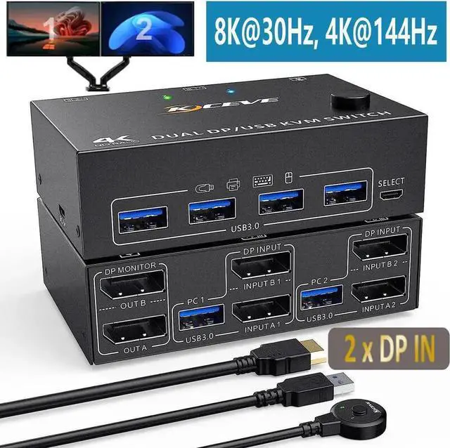 Main image of Vszerda Dual Monitor Displayport KVM Switch for 2 Computers 2 Monitors 8K@30Hz 4K@144Hz, Display Port DP1.4 USB 3.0 KVM Switches 2 in 2 Out with 4 USB 3.0 Ports , Wired Remote and 4 Cables Included