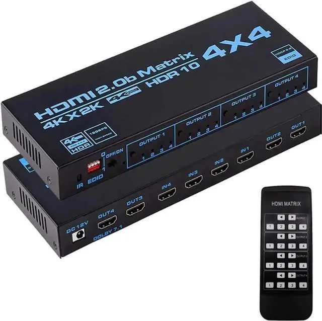 Main image of Vszerda HDMI Matrix 4X4, 4K UHD HDMI 4 In 4 Out Matrix HDMI 2.0 Matrix Switcher 4x4 Ports 4K @60Hz Support 4K Dolby Vision HDR HDCP 2.2 Support Remote Control