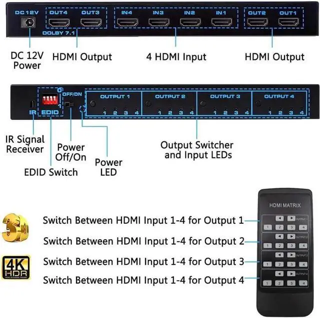 Alt view image 7 of 7 - Vszerda HDMI Matrix 4X4, 4K UHD HDMI 4 In 4 Out Matrix HDMI 2.0 Matrix Switcher 4x4 Ports 4K @60Hz Support 4K Dolby Vision HDR HDCP 2.2 Support Remote Control