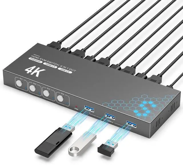 Main image of Vszerda USB 3.0 HDMI KVM Switch 1 Monitors 4 Computers, 4K@60Hz KVM Switches for 4 Computers Sharing Monitor Keyboard Mouse Hard Drives Printer, with EDID Adaptive,1 HDMI Cable and 4 USB Cable