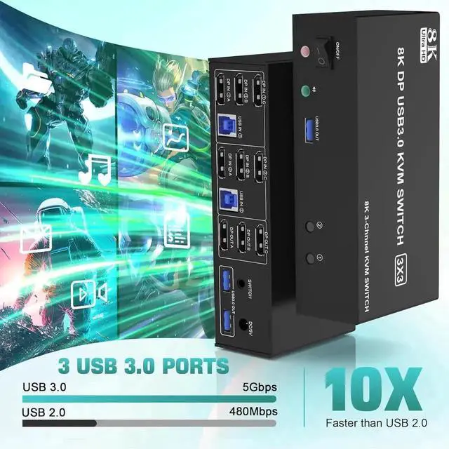 Alt view image 2 of 7 - Vszerda Triple Monitors Displayport KVM Switch 8K@60Hz 4K@144Hz, DP 1.4 USB 3.0 KVM Switch 2 PC Share 3 Monitors, Displayport KVM Switches 2 in 3 Out with Audio Microphone Output and 3 USB 3.0 Ports