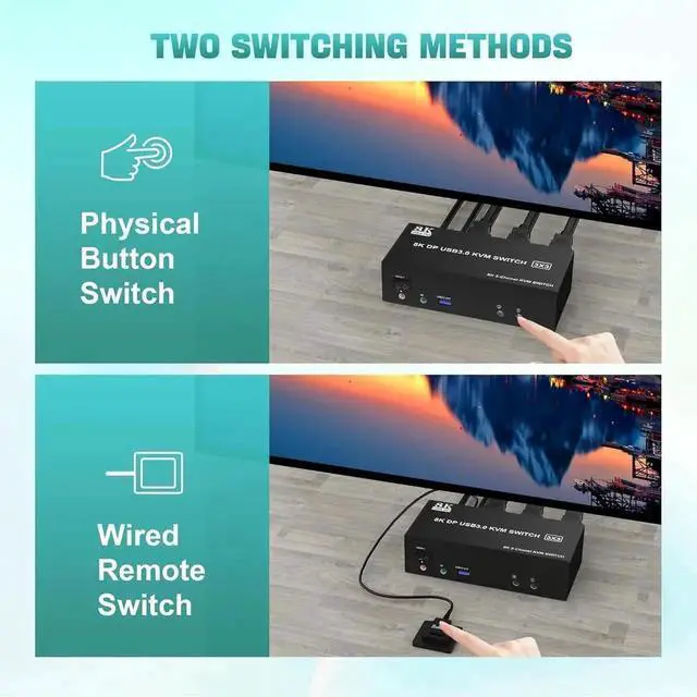 Alt view image 3 of 7 - Vszerda Triple Monitors Displayport KVM Switch 8K@60Hz 4K@144Hz, DP 1.4 USB 3.0 KVM Switch 2 PC Share 3 Monitors, Displayport KVM Switches 2 in 3 Out with Audio Microphone Output and 3 USB 3.0 Ports
