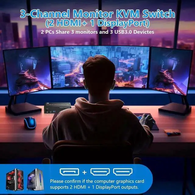 Alt view image 6 of 7 - Vszerda KVM Switch 3 Monitors 2 Computers, 2 HDMI + DisplayPort USB 3.0 KVM Switch Triple Monitor for 2 Computer Share 1000Mbps RJ45 Ethernet, with 3 USB 3.0 Ports, 3.5m Audio&Microphone, Wired Remote