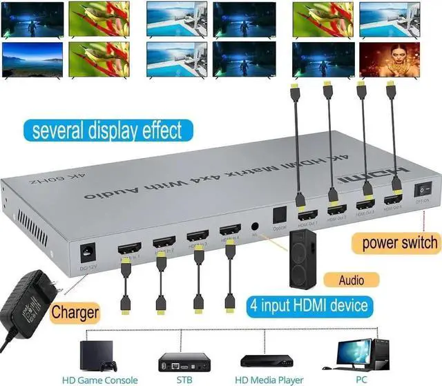 Alt view image 3 of 7 - 4K HDMI Splitter, 4 in 4 Out HDMI Matrix Switch, HDMI 2.0 Support 3840x2160@60Hz with Audio Switch, IR Remote+ Button Press + RS232 Control, Support EDID Audio Extractor, 3D, HDR, 18 GBPS, HDCP 2.2