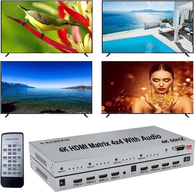 Main image of 4K HDMI Splitter, 4 in 4 Out HDMI Matrix Switch, HDMI 2.0 Support 3840x2160@60Hz with Audio Switch, IR Remote+ Button Press + RS232 Control, Support EDID Audio Extractor, 3D, HDR, 18 GBPS, HDCP 2.2