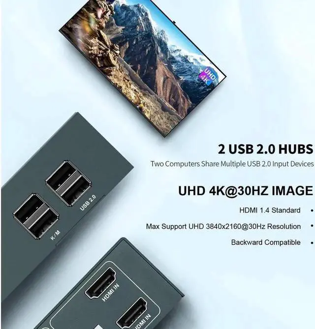 Alt view image 2 of 6 - Vszerda KVM Switch HDMI Dual Monitor Extended Display 2 Port 2 USB 2.0 Hub UHD 4K@30Hz YUV4:4:4 Downward Compatible Hotkey Switch with All Needed Cables No Adapter Required