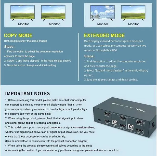 Alt view image 5 of 6 - Vszerda KVM Switch HDMI Dual Monitor Extended Display 2 Port 2 USB 2.0 Hub UHD 4K@30Hz YUV4:4:4 Downward Compatible Hotkey Switch with All Needed Cables No Adapter Required