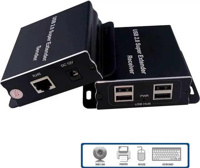 Main image of Vszerda USB Extender Over Cat5E/6 up to 196ft, USB2.0 Over Cat6 Cat5E Extender with 4 USB 2.0 Ports, Plug and Play, No Driver Needed Support All Operating System, Two Web Cameras Work Synchronously