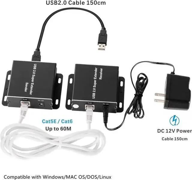 Alt view image 7 of 7 - Vszerda USB Extender Over Cat5E/6 up to 196ft, USB2.0 Over Cat6 Cat5E Extender with 4 USB 2.0 Ports, Plug and Play, No Driver Needed Support All Operating System, Two Web Cameras Work Synchronously