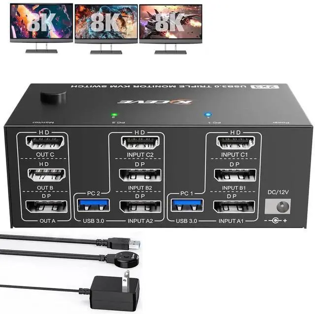 Main image of KVM Switch 2 PC 3 Monitors HDMI + DisplayPort 8K@60Hz 4K@144Hz, Triple Monitor KVM Switch for 2 PC Share 3 Monitors and 4 USB 3.0 Devices with 12V Power Adapter,Included Wired Remote Controller