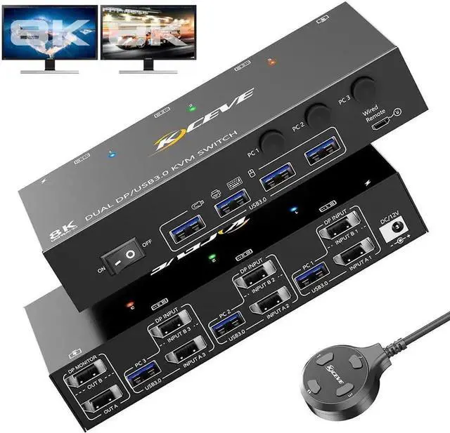 Main image of 8K Displayport KVM Switch 2 Monitors 3 Computer, Dual Monitors USB 3.0 Displayport KVM Switcher, Supports 8K@60Hz for 3 DP Port PC Share 2 DP Monitors, Keyboard and Mouse, included Wired Remote
