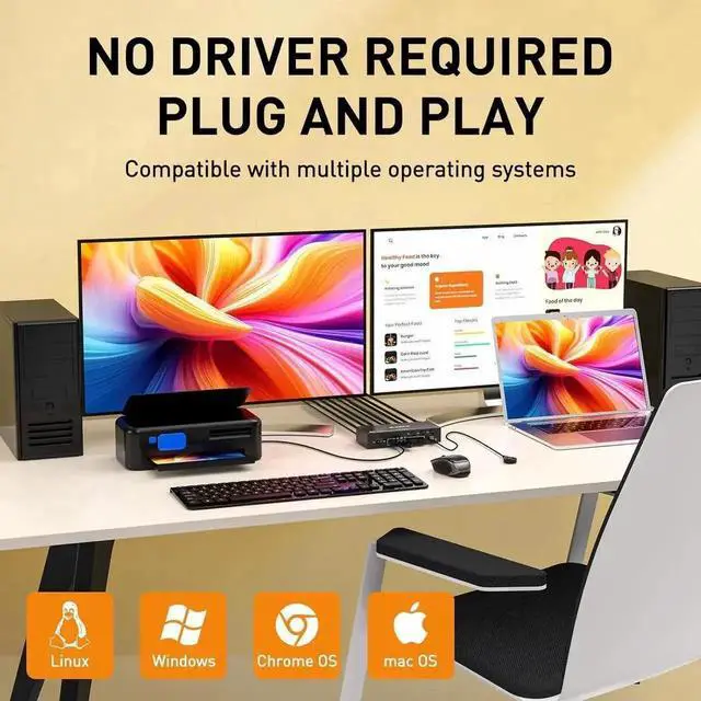 Alt view image 4 of 6 - 8K Displayport KVM Switch 2 Monitors 3 Computer, Dual Monitors USB 3.0 Displayport KVM Switcher, Supports 8K@60Hz for 3 DP Port PC Share 2 DP Monitors, Keyboard and Mouse, included Wired Remote