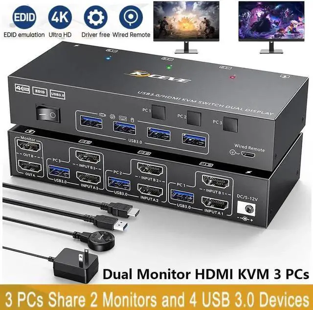 Main image of Vszerda HDMI KVM Switch 2 Monitors 3 Computers 4K@60Hz, EDID Simulation, Dual Monitor HDMI USB KVM Switch for 3 Computers Share 2 Monitor and Keyboard Mouse Printer, Wired Remote and 5 Cables Included
