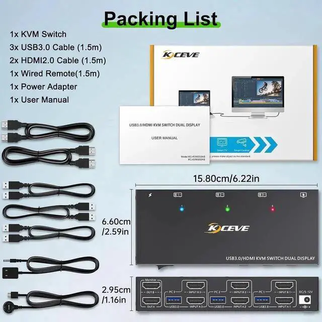 Alt view image 5 of 7 - Vszerda HDMI KVM Switch 2 Monitors 3 Computers 4K@60Hz, EDID Simulation, Dual Monitor HDMI USB KVM Switch for 3 Computers Share 2 Monitor and Keyboard Mouse Printer, Wired Remote and 5 Cables Included