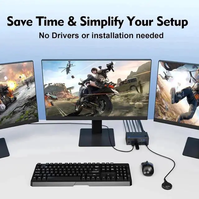 Alt view image 7 of 7 - Vszerda riple Monitor HDMI + 2 Displayport KVM Switch, 8K@60Hz KVM Switches 2 Computer 3 Monitors for 2 PCs Share 3 Monitors and 4 USB Devices, with 2 USB Cables, Power Adapter, Wired Controller