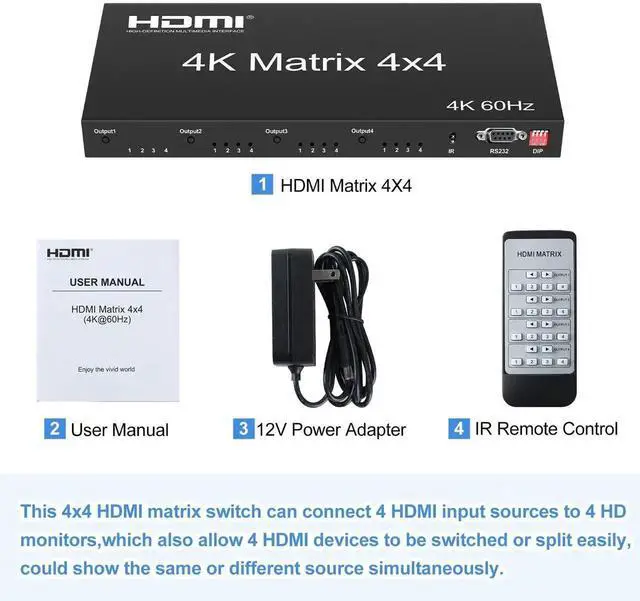 Alt view image 5 of 7 - Vszerda 4K@60Hz HDMI Matrix Switch 4x4, HDMI Matrix Switcher Splitter 4 in 4 Out with EDID, HDMI Matrix Selector box with RS232 Control, Support Auto Downscaler, HDR, HDMI2.0, HDCP2.2, 18Gbps