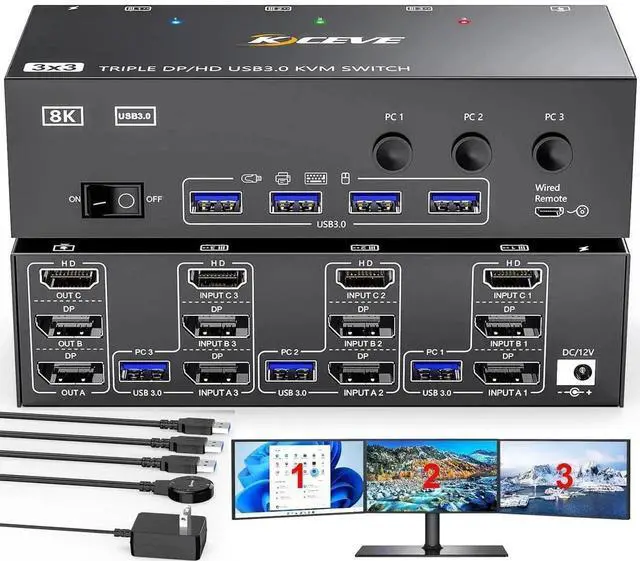 Main image of Vszerda KVM Switch 3 Monitors 3 Computers 8K@60Hz, HDMI + 2 Displayport Triple Monitor KVM Switches for 3PCs Share 3 Monitors and 4 USB 3.0 Devices, Wired Remote and Power Adapter Included