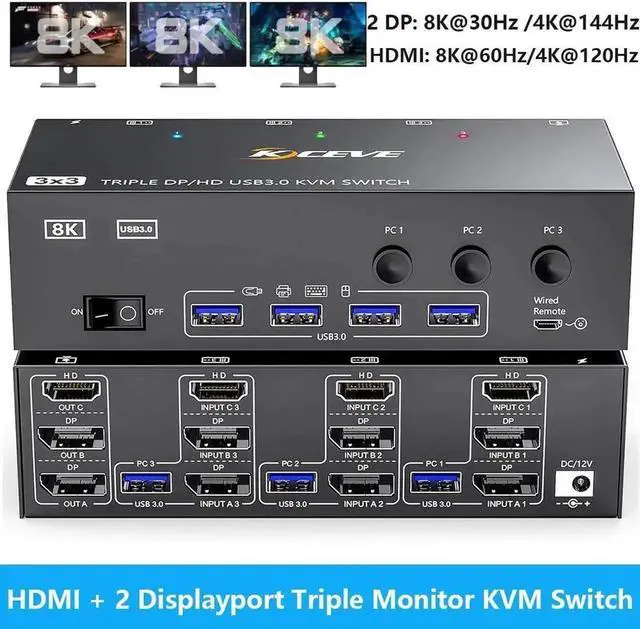 Main image of Vszerda KVM Switch 3 Monitors 3 Computers 8K@60Hz, HDMI + 2* Displayport Triple Monitor KVM Switch with 4 USB 3.0 Ports for Keyboard Mouse Printer, Wired Remote, USB Cable and Power Adapter Included