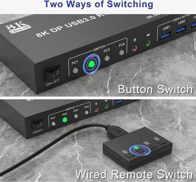 Alt view image 6 of 7 - 8K@60Hz Displayport USB 3.0 KVM Switch 2 Monitors 4 Computers, DP1.4 KVM Switch Dual Monitor with Audio Microphone Output and 3 USB 3.0 Ports, 4 Port Displayport KVM Switch for 4 PCs 2 Monitors