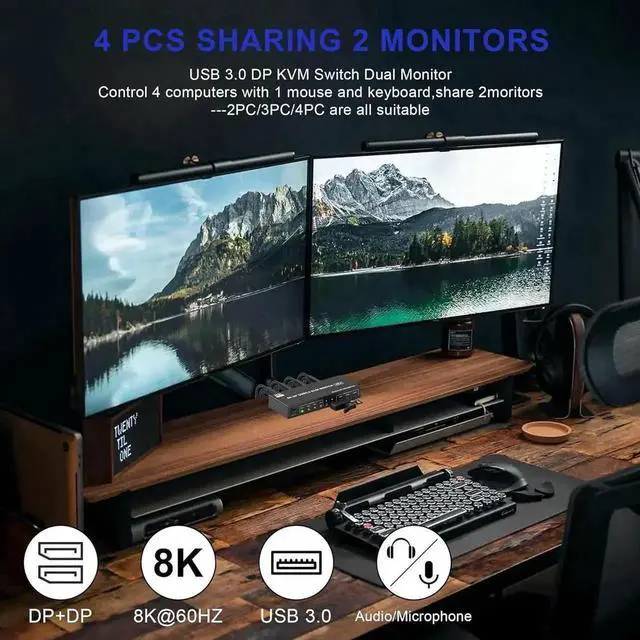 Alt view image 7 of 7 - 8K@60Hz Displayport USB 3.0 KVM Switch 2 Monitors 4 Computers, DP1.4 KVM Switch Dual Monitor with Audio Microphone Output and 3 USB 3.0 Ports, 4 Port Displayport KVM Switch for 4 PCs 2 Monitors