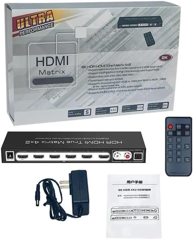 Alt view image 4 of 6 - Vszerda 8K@60Hz HDMI Matrix Switch 4x2 with ARC, 4 in 2 Out HDMI2.1 Matrix HDMI Video Switcher Splitter+ Optical &L/R Audio Extractor, Support 4K @120Hz HDR10 HDCP2.3 Auto Downscale with IR Remote