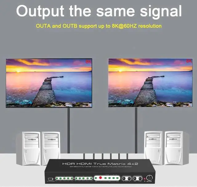 Alt view image 2 of 7 - Vszerda HDMI2.1 8K HDMI Matrix 4x2, 8K @30Hz 8K@60HZ 4K@60Hz 120Hz HDMI Switch HDR ARC/CEC Switch Splitter 4 in 2 Out Optical SPDIF 5.1CH + RCA Stereo Audio Extractor HDMI Switcher