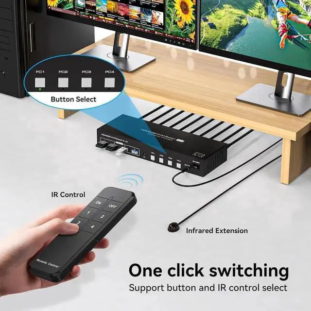 Alt view image 7 of 7 - Vszerda Dual Monitor HDMI+Displayport KVM Switch 4 Computers 2 Monitors 4K@60Hz 2K@120Hz 4 Port KVM Switches for 4 PCs Share 4 USB 3.0 Devices with Remote Control,USB3.0 Cables and Power Adapter