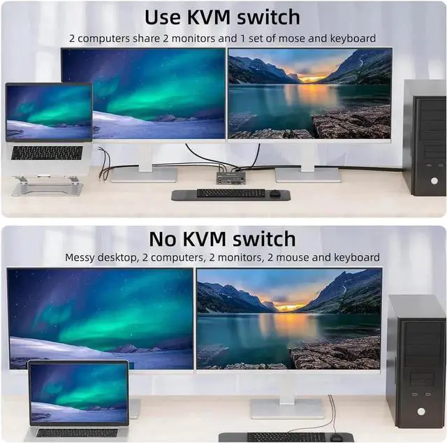 Alt view image 2 of 7 - Vszerda 2 Port USB C HDMI KVM Switch 2 Computers 2 Monitors, Dual Monitor USB 3.0 USB Type C HDMI KVM Switch Supports 4K@60Hz for 2 Laptops that Share Keyboard, Mouse and Monitor, with Wired Remote