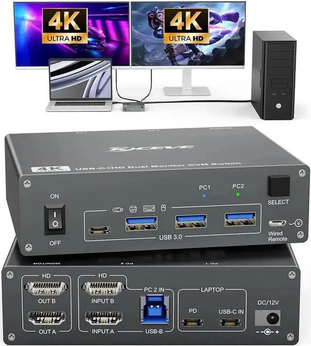 Main image of Vszerda 2 Port USB C HDMI KVM Switch 2 Computers 2 Monitors, Dual Monitor USB 3.0 USB Type C HDMI KVM Switch Supports 4K@60Hz for 2 Laptops that Share Keyboard, Mouse and Monitor, with Wired Remote