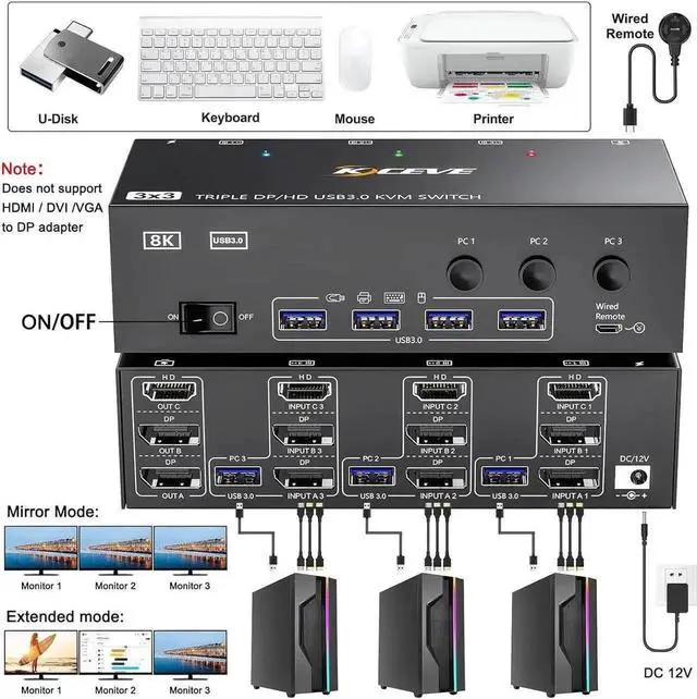 Alt view image 4 of 6 - Vszerda USB 3.0 KVM Switch 3 Monitors 3 Computers, Triple Monitors HDMI+DP+DP KVM Switch, 2 Displayport + HDMI KVM Switch 8K@60Hz for 3 Computers Share Mouse Keyboard, Wired Remote and 3 USB Cable