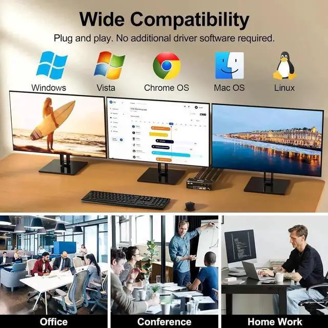 Alt view image 2 of 6 - Vszerda USB 3.0 KVM Switch 3 Monitors 3 Computers, Triple Monitors HDMI+DP+DP KVM Switch, 2 Displayport + HDMI KVM Switch 8K@60Hz for 3 Computers Share Mouse Keyboard, Wired Remote and 3 USB Cable