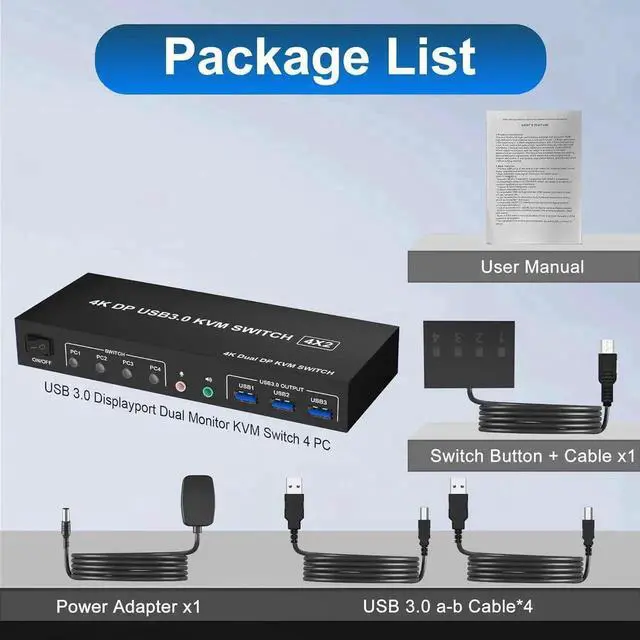 Alt view image 6 of 7 - Vszerda USB 3.0 Displayport KVM Switch 2 Monitors 4 Computers 4K 60Hz, Dual Monitor Displayport KVM Switch 4 Port with Audio Microphone Output and 3 USB 3.0 Ports, Display Port KVM Switch 4 in 2 Out