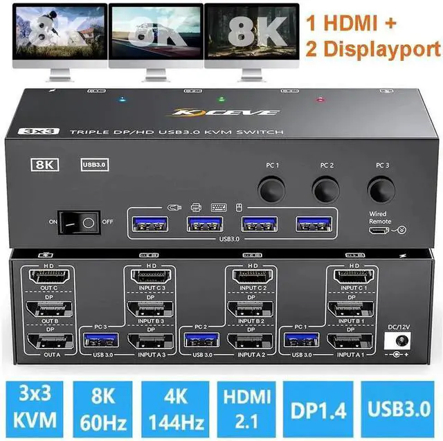Main image of Vszerda KVM Switch 3 Monitors 3 Computers 8K@60Hz, HDMI + 2* Displayport Triple Monitor KVM Switches for 3 Computers Share 3 Monitors and 4 USB 3.0 Devices, Wired Remote and 12V power adapter Included