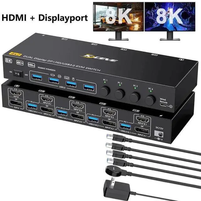 Main image of Vszerda HDMI + Displayport KVM Switch 4 Computers 2 Monitors, 8K@60Hz 4K@144Hz, USB 3.0 Dual Monitor KVM Switches for 4 PC Share 2 Monitors and Keyboard, Mouse and Printer, with Wired Remote