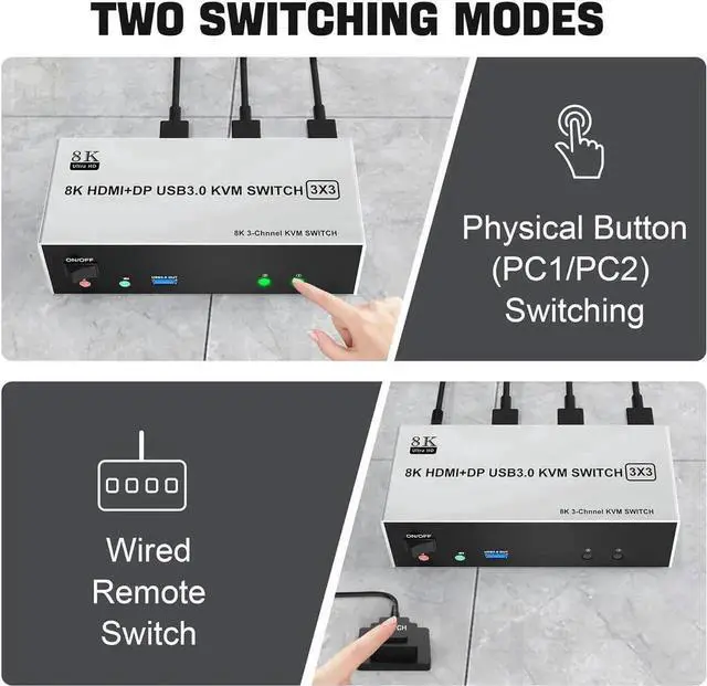 Alt view image 6 of 7 - 8K@60Hz USB 3.0 2 Displayport+HDMI KVM Switch Triple Monitor 2 Computer, 2PC Share 3 Monitors (HDMI+DP+DP) KVM Switch with Audio Microphone and 3 USB3.0 Ports, HDMI+2 DP Monitor Switch for 2PCs