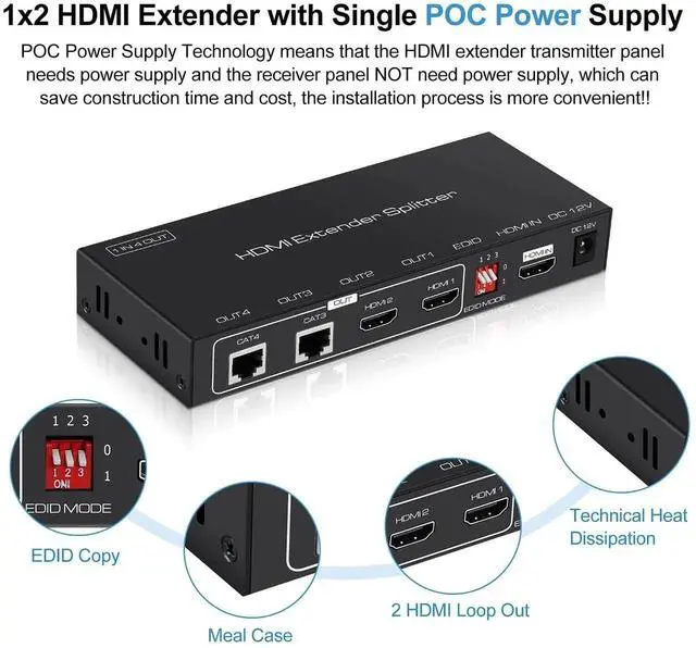 Alt view image 2 of 5 - Vszerda 1X2 HDMI Extender Splitter 165ft(50m) with 2 HDMI Local Loop-Out, 1080P@60Hz HDMI Extender 1 in 2 Out Over CAT 5e/6 with POC Power Supply, 3D EDID, HDMI to Ethernet for fire stick, TV Box