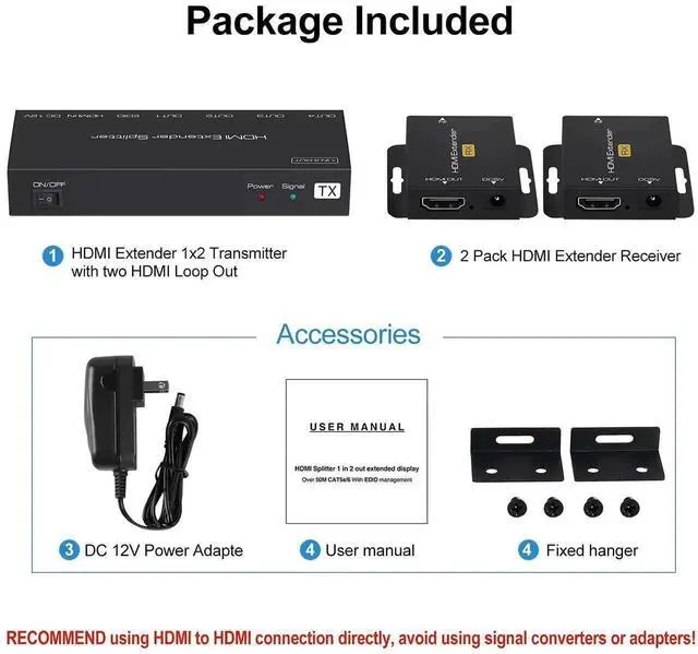 Alt view image 5 of 5 - Vszerda 1X2 HDMI Extender Splitter 165ft(50m) with 2 HDMI Local Loop-Out, 1080P@60Hz HDMI Extender 1 in 2 Out Over CAT 5e/6 with POC Power Supply, 3D EDID, HDMI to Ethernet for fire stick, TV Box