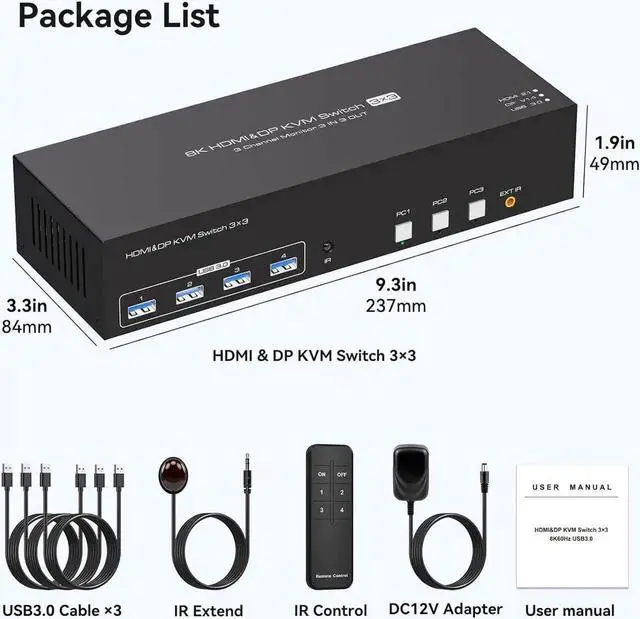 Alt view image 5 of 5 - Vszerda 8K@60Hz 1 HDMI + 2 Displayport KVM Switch 3 PC 3 Monitors, 4K@144Hz Triple Monitor KVM Switcher for 3 Computers Share 3 Monitors and 4 USB 3.0 Devices with 3 USB Cable and DC12V Adapter