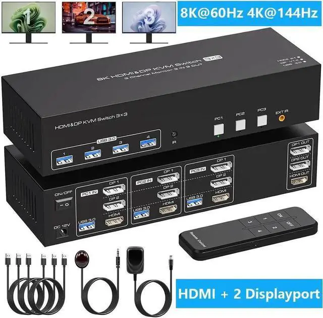 Main image of Vszerda 8K@60Hz 1 HDMI + 2 Displayport KVM Switch 3 PC 3 Monitors, 4K@144Hz Triple Monitor KVM Switcher for 3 Computers Share 3 Monitors and 4 USB 3.0 Devices with 3 USB Cable and DC12V Adapter