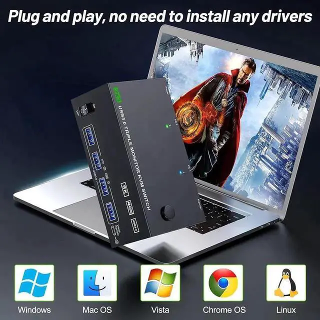 Alt view image 5 of 7 - Vszerda KVM Switch 3 Monitors 2 Computers 8K@60Hz 4K@144Hz, HDMI+2 Displayport Triple Monitor KVM Switch for 2 PC Share 3 Monitor and 4 USB 3.0 Port Keyboard Mouse, with Wired Remote and Power Adapter